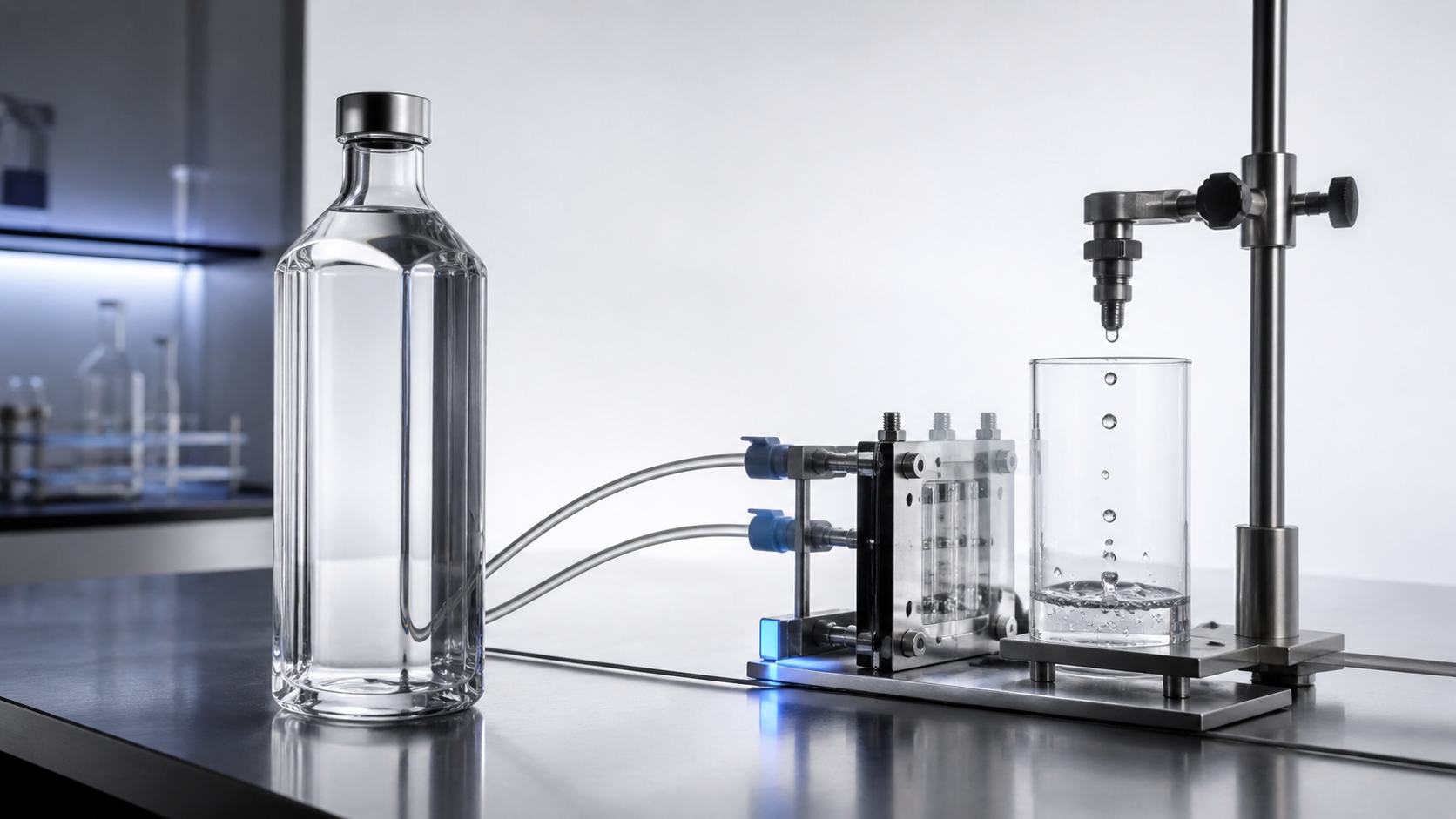 Concept laboratory scene showing a compact electrochemical cell, clear receiving vessel and glass bottle